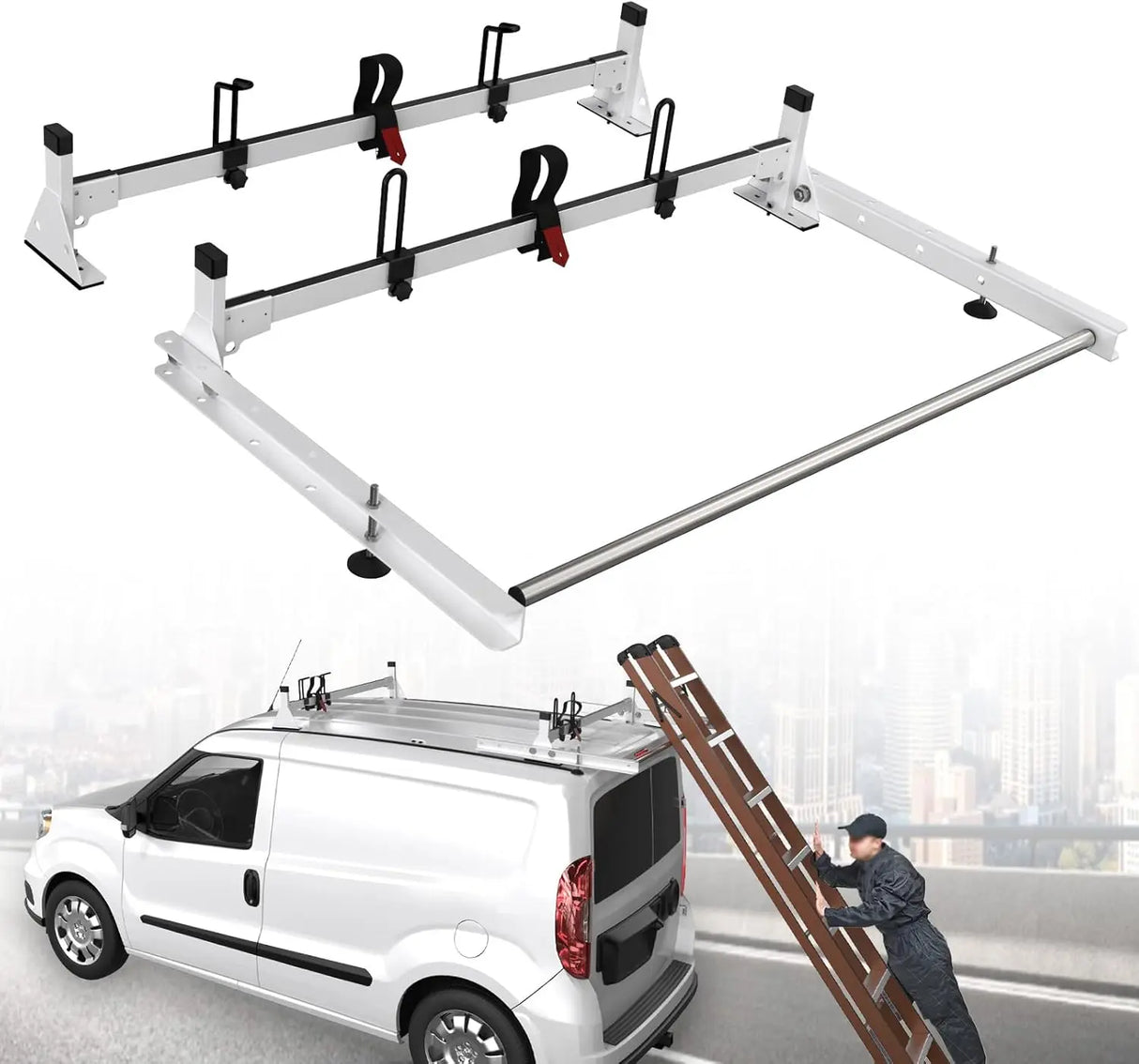 Van Roof Ladder Racks for RAM ProMaster City 2 Bars with Rear Cargo Roller - MELIPRON