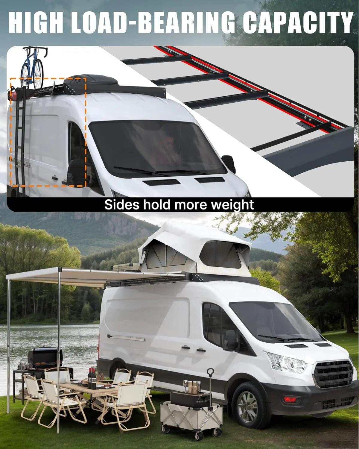 Aluminum Van Roof Rack Pro for Ford Transit 148" – Solar Panel Brackets & Wind Fairing - MELIPRON