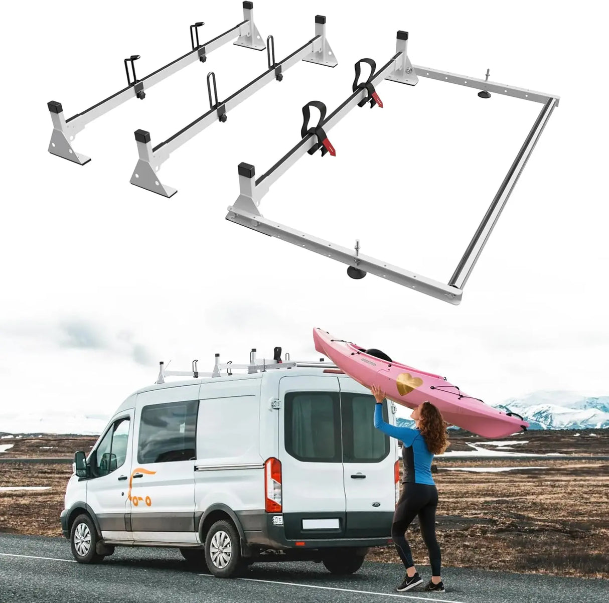 Cargo Van Roof Ladder Rack with 36" Rear Roller (NOT Affect Brake Light) Fit for Ford Transit 150 250 350, Low/Mid/High Roof, 800 Lbs Capacity Steel Ladder Rack for Van, No‑Drill Required-8