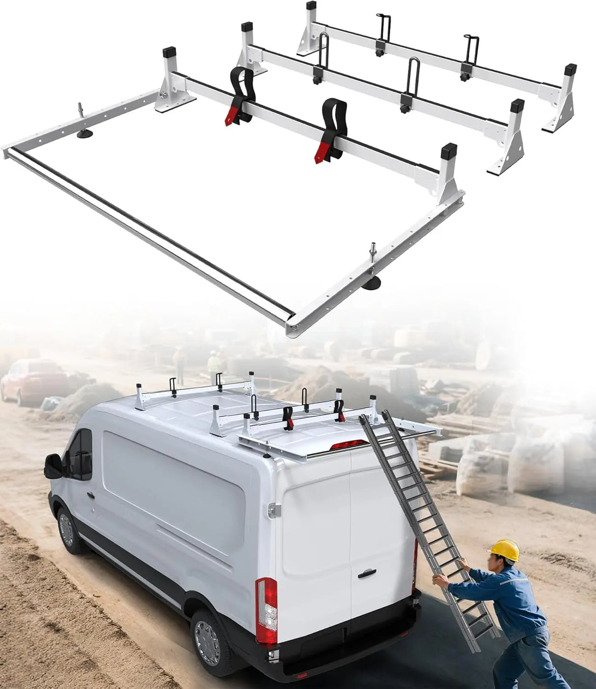 Cargo Van Roof Ladder Rack with 36" Rear Roller (NOT Affect Brake Light) Fit for Ford Transit 150 250 350, Low/Mid/High Roof, 800 Lbs Capacity Steel Ladder Rack for Van, No‑Drill Required-1