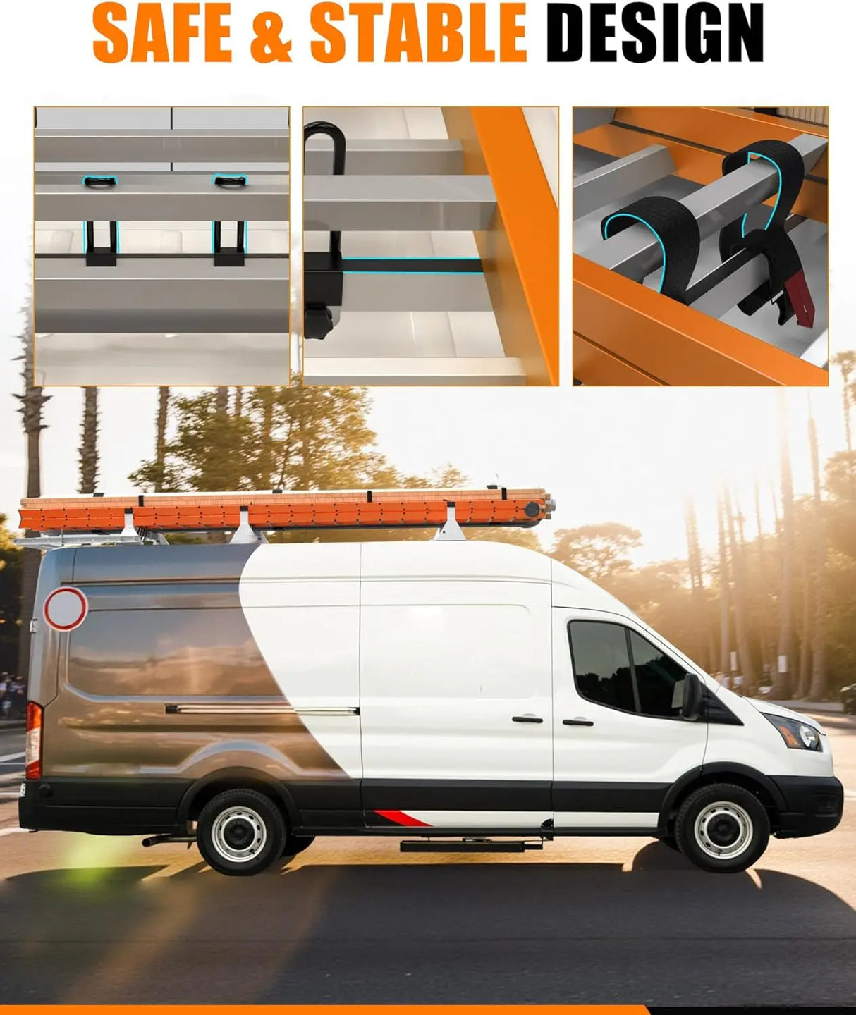 Cargo Van Roof Ladder Rack with 36" Rear Roller (NOT Affect Brake Light) Fit for Ford Transit 150 250 350, Low/Mid/High Roof, 800 Lbs Capacity Steel Ladder Rack for Van, No‑Drill Required-6