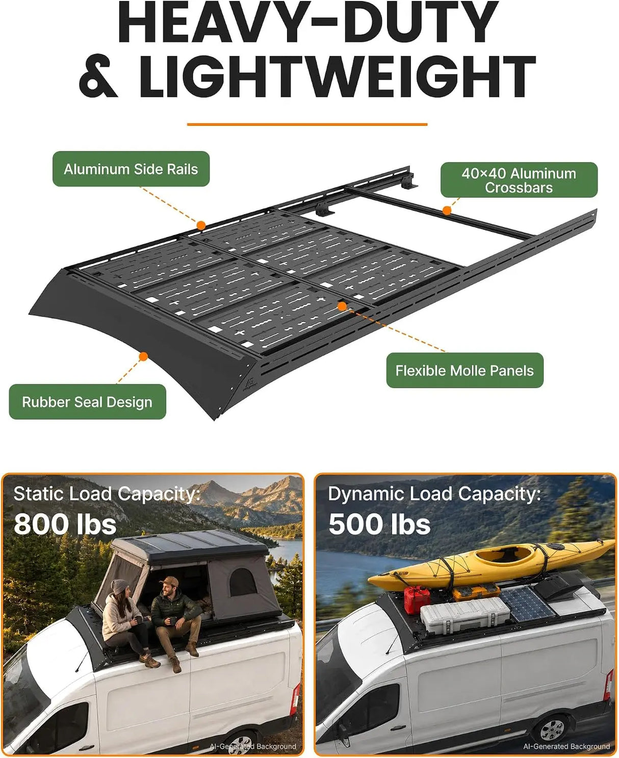 MELIPRON Ford Transit 148" Mid Roof Aluminum Roof Rack – Heavy-Duty Utility Platform with 6pcs Molle Decks for Solar Panels & Overland Gear