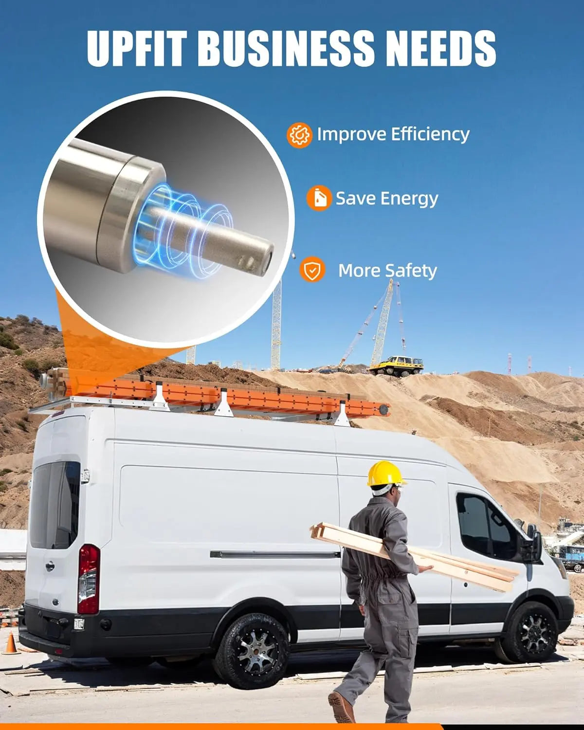 Cargo Van Roof Ladder Rack with 36" Rear Roller (NOT Affect Brake Light) Fit for Ford Transit 150 250 350, Low/Mid/High Roof, 800 Lbs Capacity Steel Ladder Rack for Van, No‑Drill Required-3