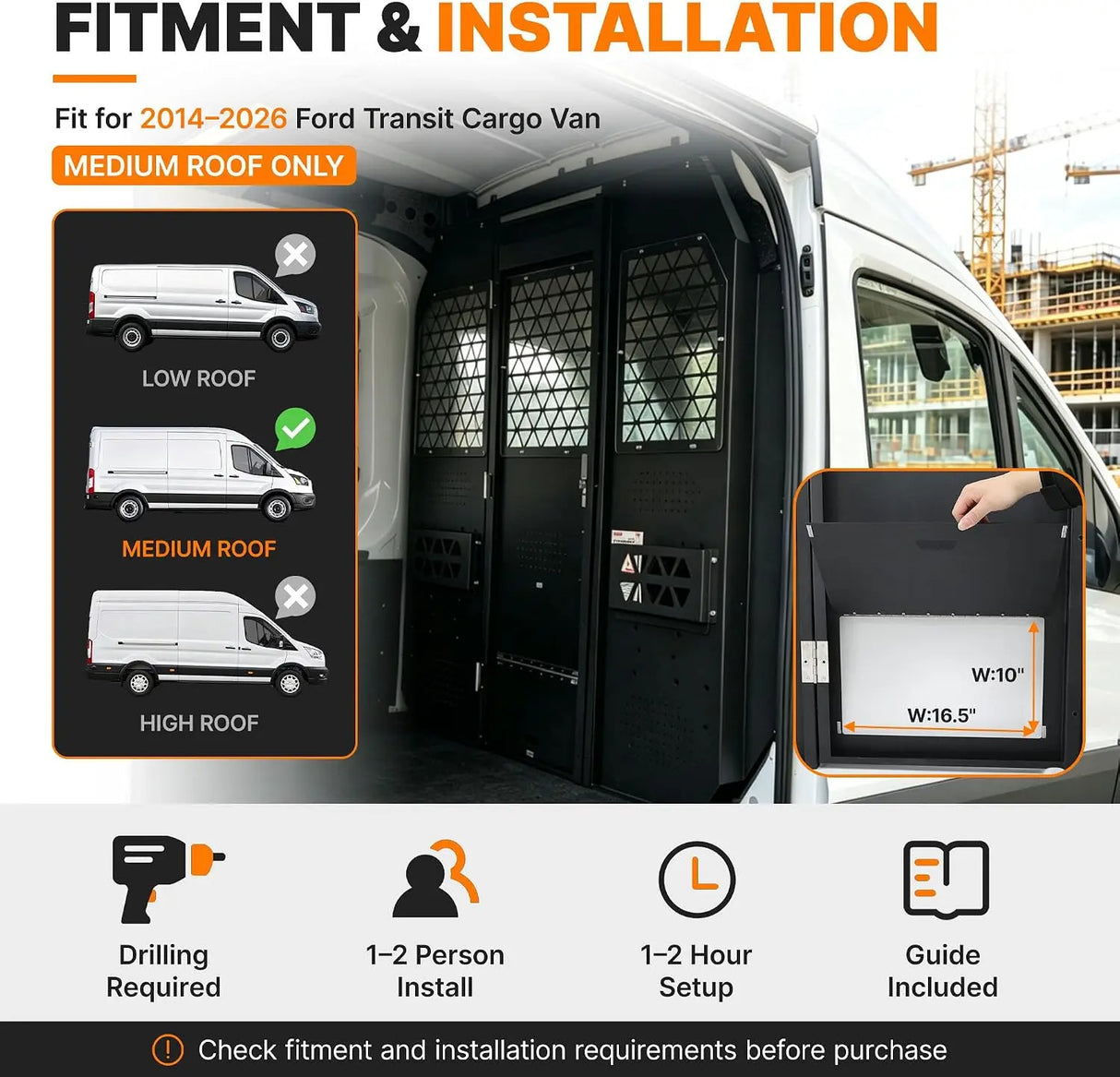 Melipron Ford Transit Van Partition & 52″ W x 60″ H x 13″ D Steel Shelving, Fits Transit 150/250/350 Mid-Roof 2014–2026