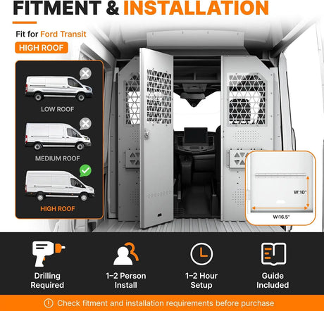 MELIPRON Van Partition with Hinged Door for 2014-2026 Ford Transit 150/250/350 High Roof