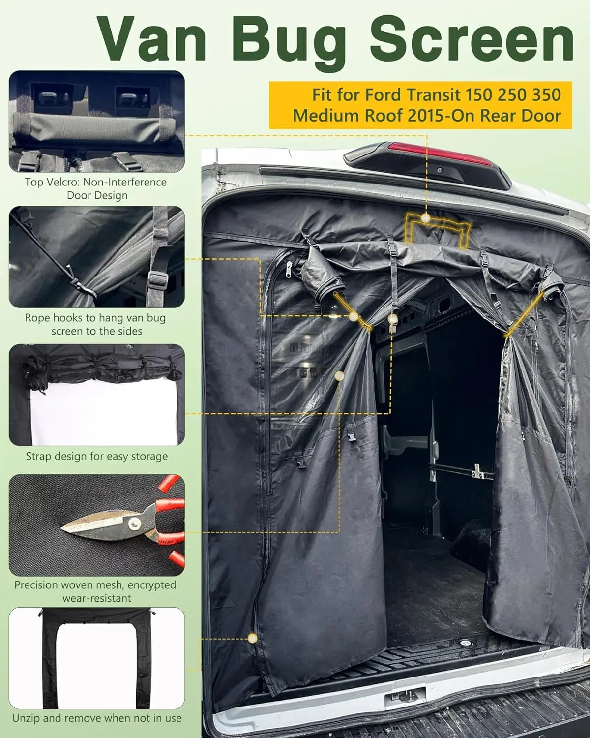 Van Bug Screen Fit For Ford Transit Rear Door Medium Roof Mosquito Net - MELIPRON