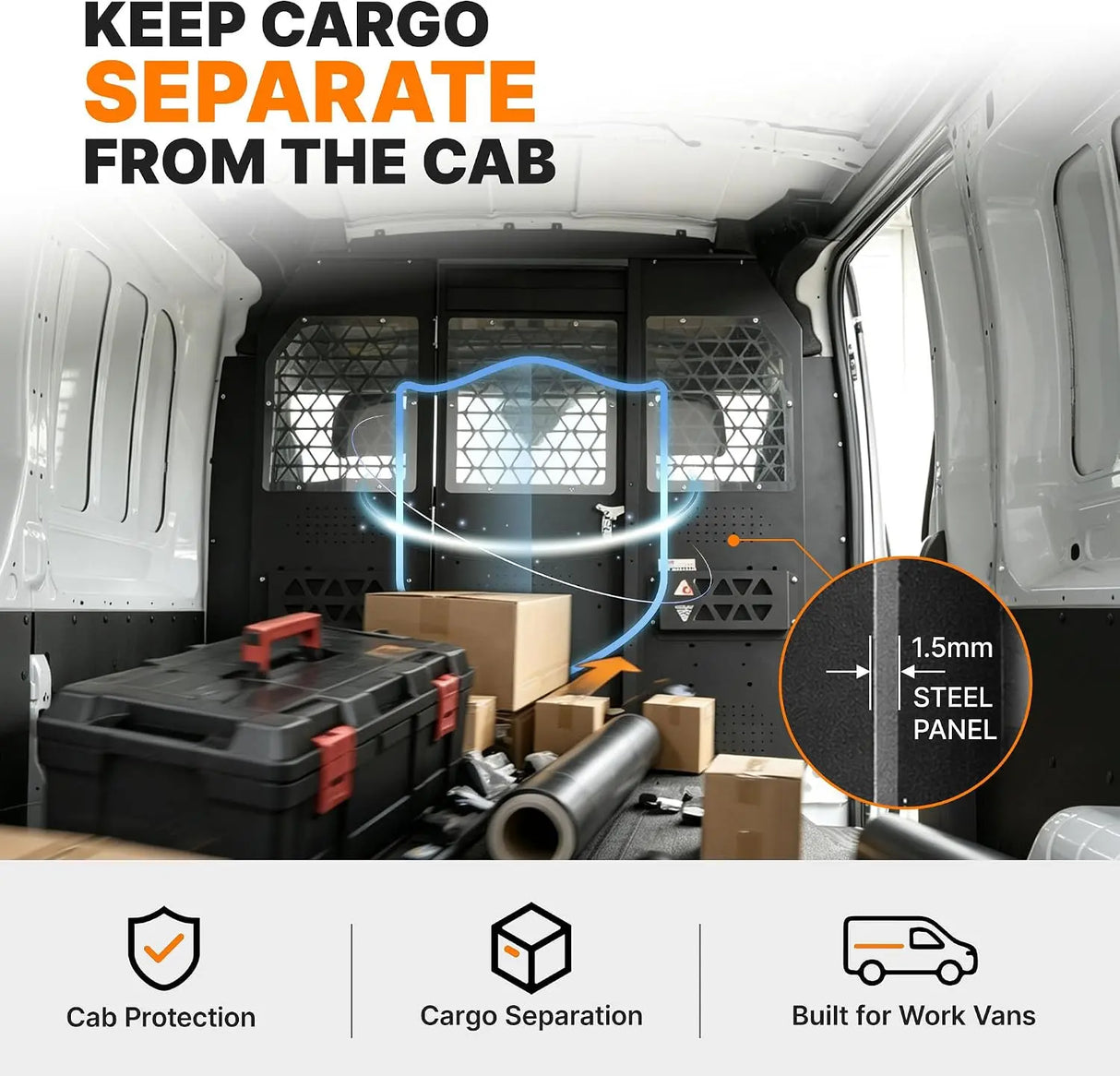Melipron Ford Transit Van Partition & 32″ W x 60″ H x 13″ D Steel Shelving, Fits Transit 150/250/350 Mid-Roof 2014–2026