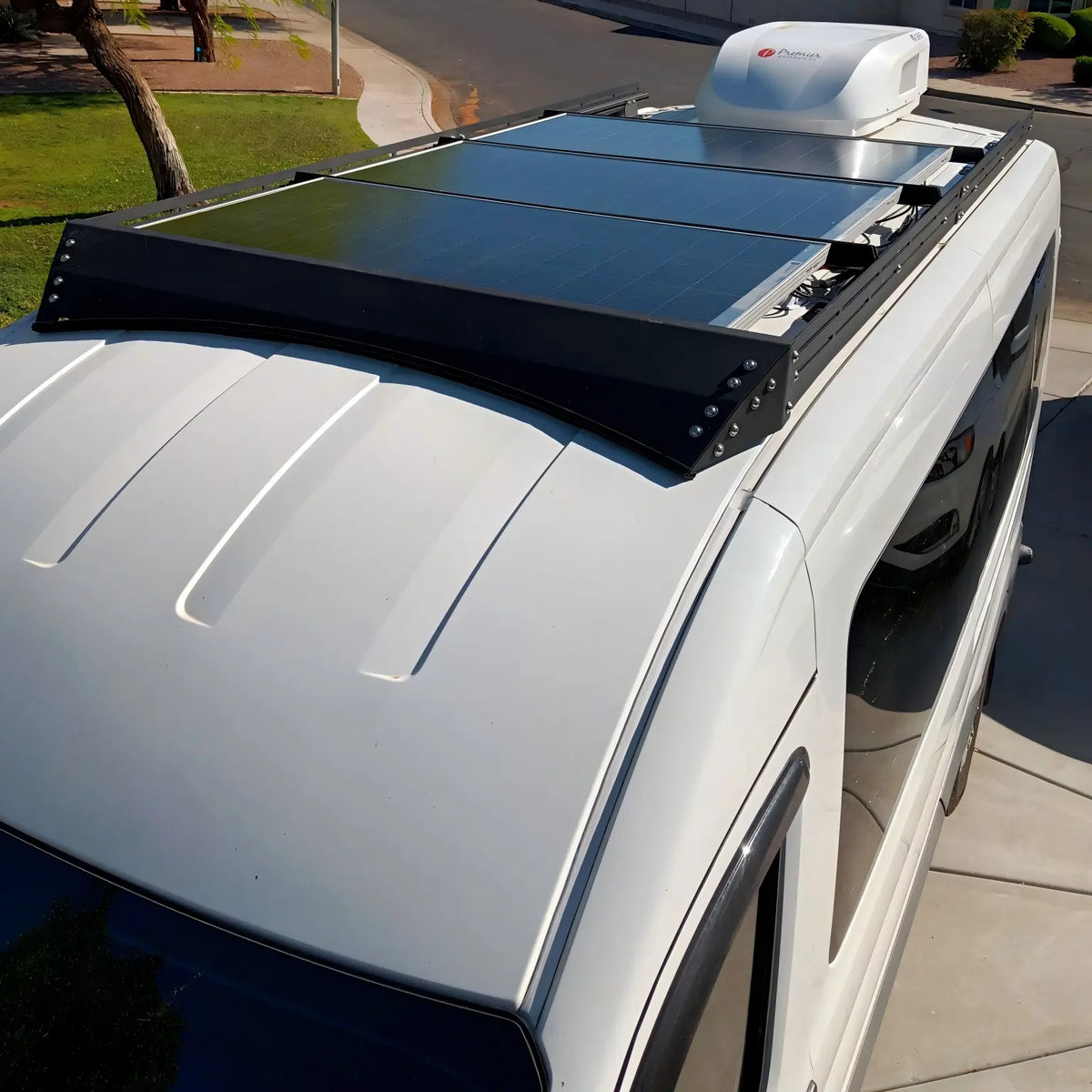 MELIPRON Aluminum Van Roof Rack Pro for Ford Transit 148" Mid Roof – Solar Panel Brackets & Wind Fairing