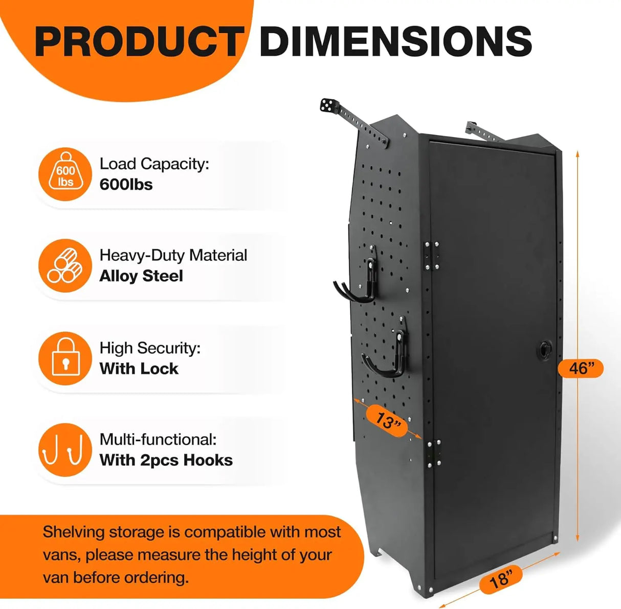 Steel Cargo Van Shelving Storage Lockable Tool Cabinet with 2PCS Hooks Fits for Ford Transit, Promaster, GMC Savana and Full-Size Cargo Vans(16" W x 46" H x 13" D)-6