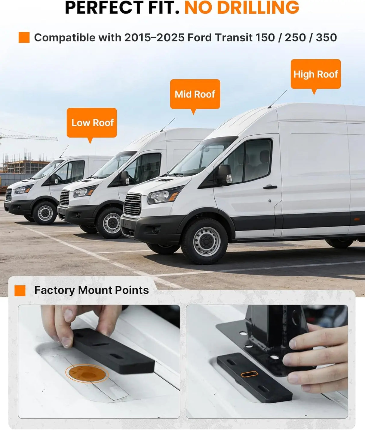 800lbs Van Roof Ladder Rack with Rear Roller Fits for 2015-2025 Ford Transit 150 250 350, Steel Cargo Van Rack with Anti-Rust Coating, Ideal for Transporting Ladders, Pipes-6