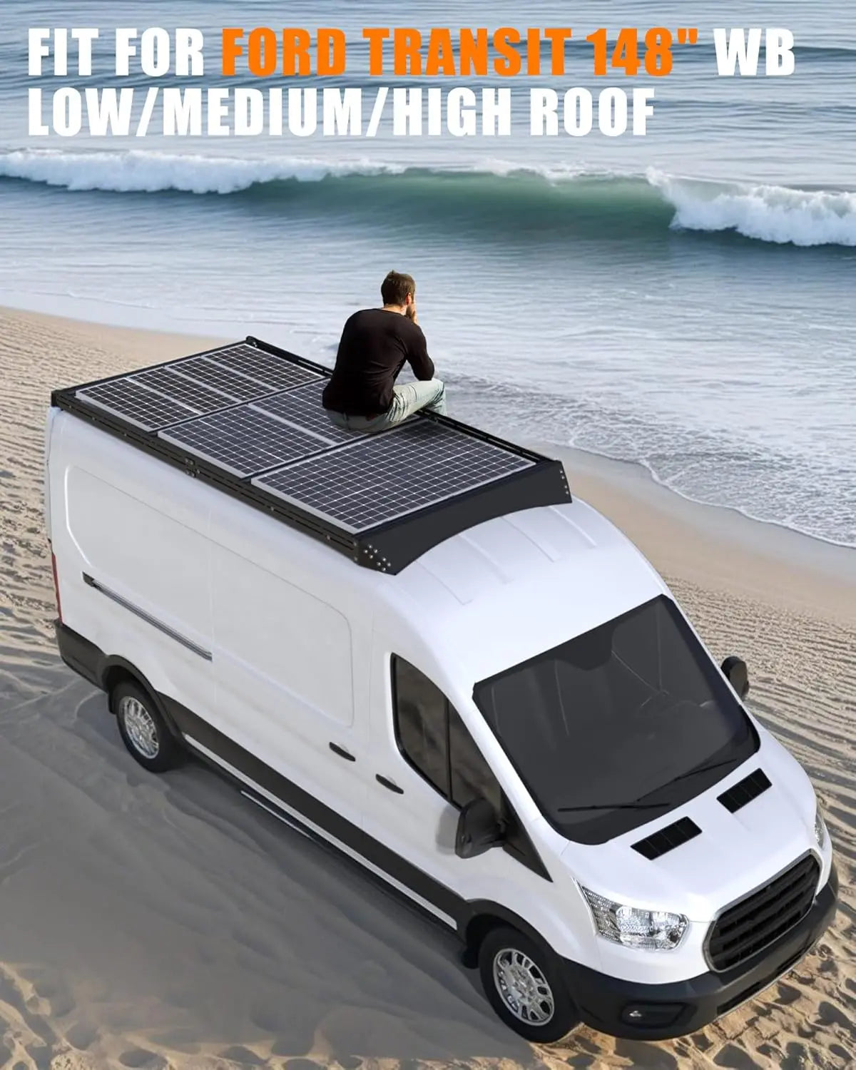 Aluminum Van Roof Rack Pro for Ford Transit 148" – Solar Panel Brackets & Wind Fairing - MELIPRON