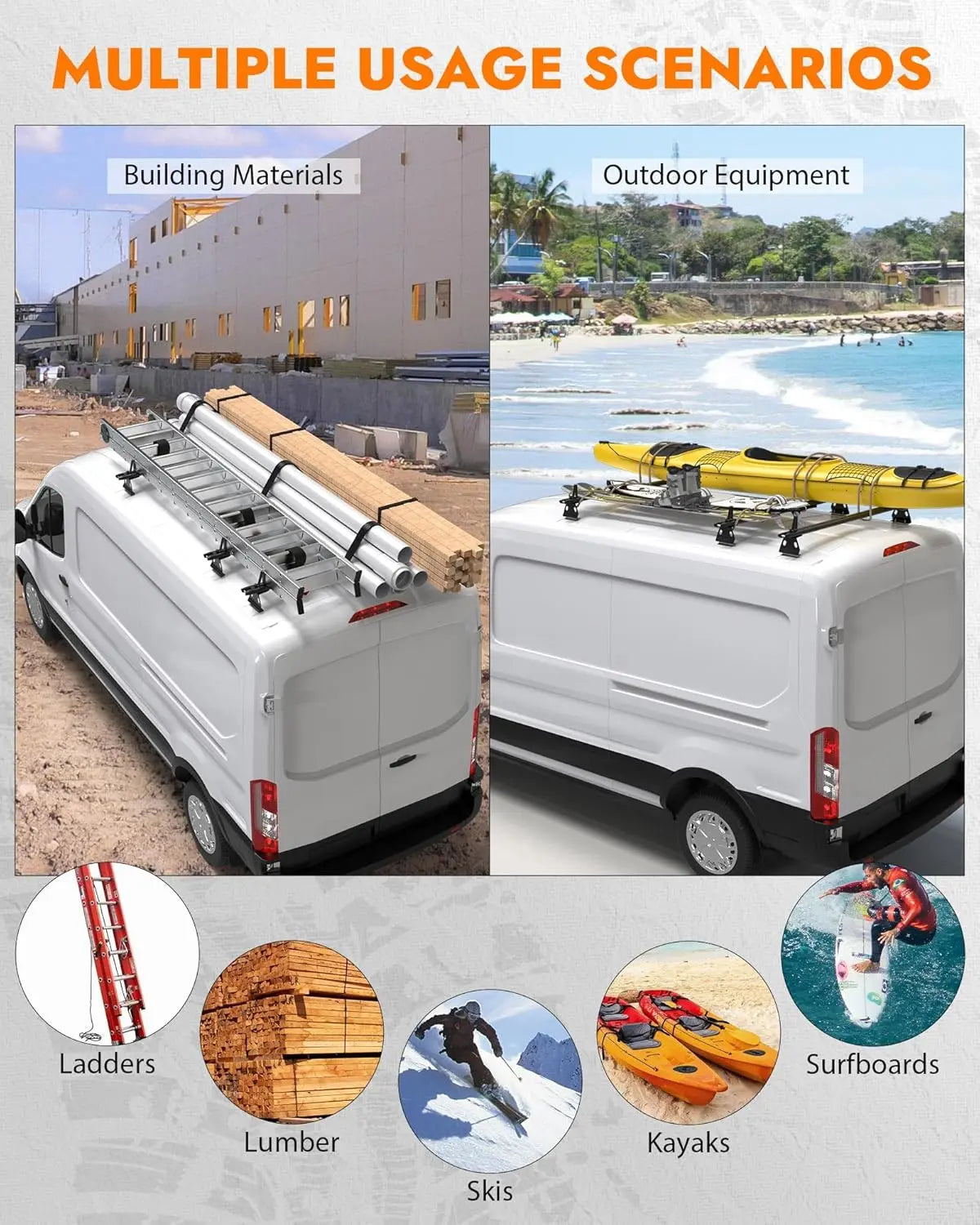 3 Crossbars 63" Aluminum Van Roof Rack for Ford Transit, Ram Promaster, Nissan NV - MELIPRON