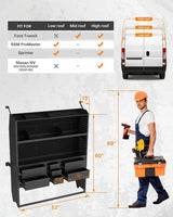 MELIPRON 60"H x 13"D Cargo Van Shelving with Lockable Drawers for Ford Transit, RAM ProMaster, Chevy Express & Sprinter Mid/High Roof