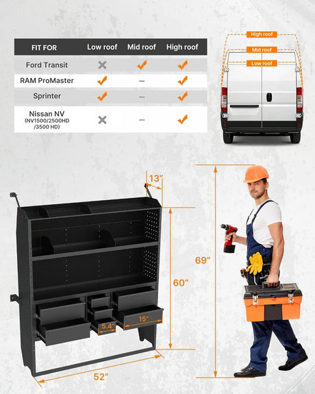 【Preorder】MELIPRON 60"H x 13"D Cargo Van Shelving with Lockable Drawers Fit for Ford Transit, RAM ProMaster, Chevy Express & Sprinter Mid/High Roof